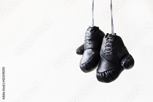 Black boxing gloves hang on a white background. © Lina