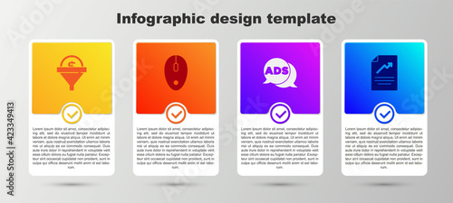 Set Lead management, Computer mouse, Advertising and Document with graph chart. Business infographic template. Vector