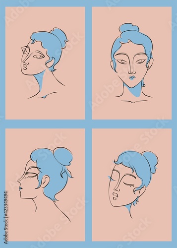 Hand drawn line art sophisticated woman portrait in minimalistic abstract graphic style. Sketch in soft neutral pastel colors. Swarthy Asian woman with a blue bun. Isolated illustration. Clipart set.