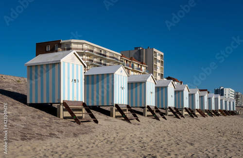 Fototapeta Striped beach cabins in Hardelot, France.