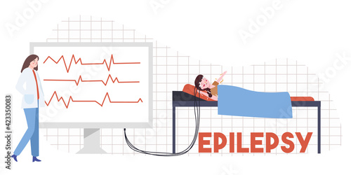 child in health care sleep in bed head connected cable to the monitor analyze doctor with modern flat style