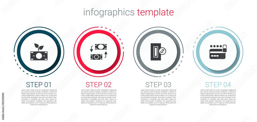 Set Money plant in the pot, exchange, Inserting coin and Credit card with lock. Business infographic template. Vector Set Money plant in the pot, exchange, Inserting coin and Credit card with lock. Business infographic template. Vector