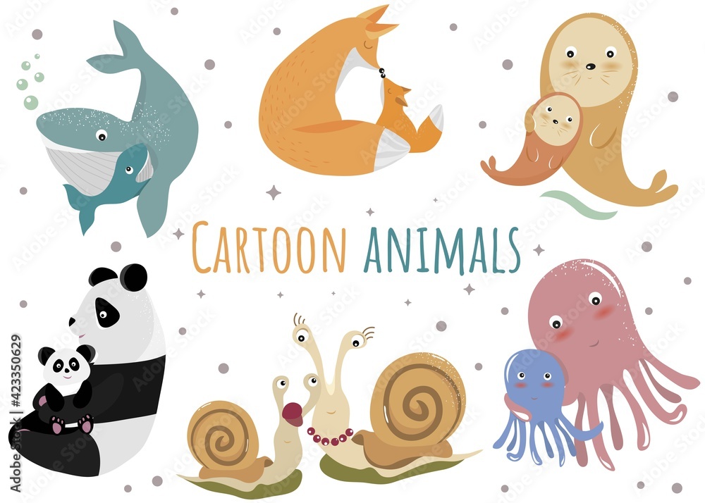 Set of funny domestic and wild animals, marine mammals, fish. Whales, pandas, octopuses, snails and foxes. Collection of cute characters on a white background. Vector illustration in a flat style. Set of funny domestic and wild animals, marine mammals, fish. Whales, pandas, octopuses, snails and foxes. Collection of cute characters on a white background. Vector illustration in a flat style.