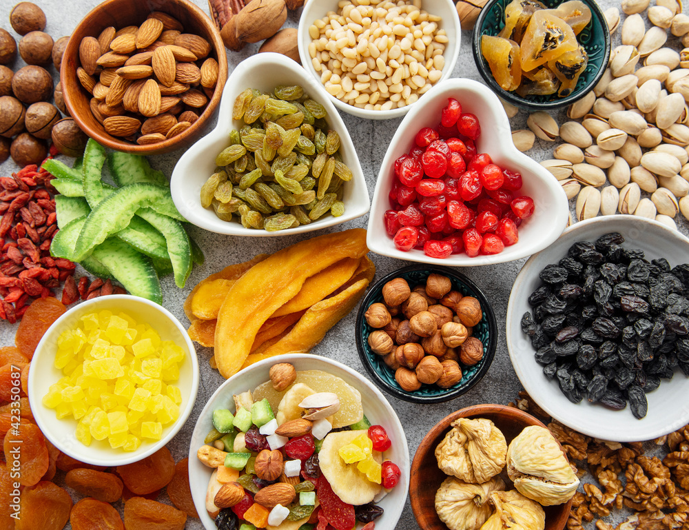 Bowls with various dried fruits and nuts Bowls with various dried fruits and nuts