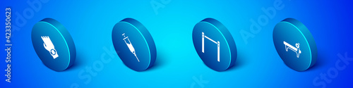 Set Isometric Smart watch on hand, Horizontal bar, Bench with barbel and Doping syringe icon. Vector