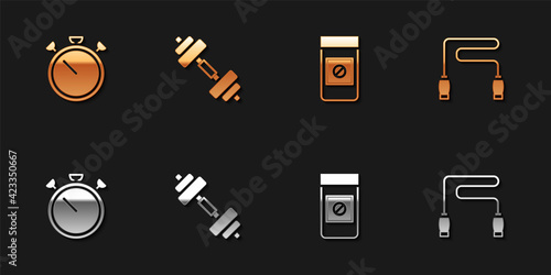 Set Stopwatch, Dumbbell, Anabolic drugs and Jump rope icon. Vector