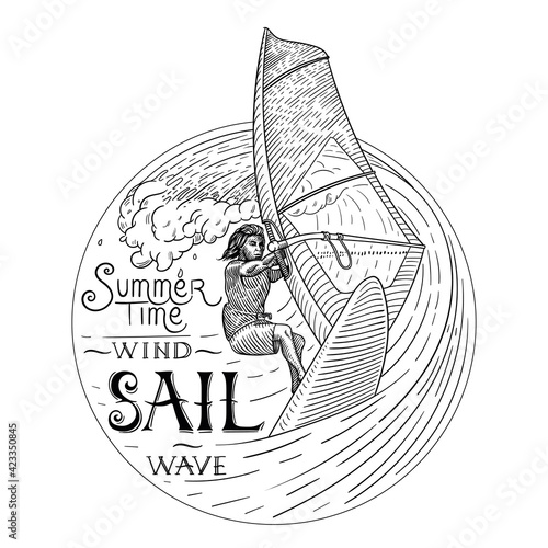 Windsurfing vector icon. black and white illustration, with an inscription. surfer on the wave