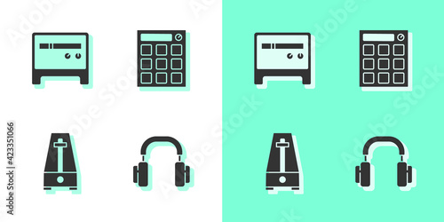 Set Headphones, Guitar amplifier, Metronome with pendulum and Drum machine icon. Vector
