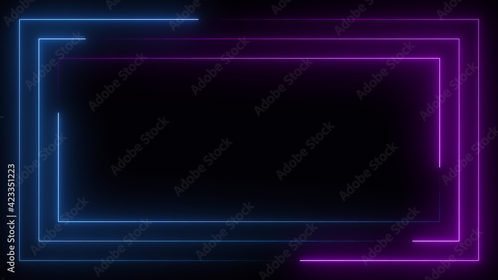 Blue purple pink neon frame light line running loop square black overlay, Place it over your footage in add or screen mode or use as background.