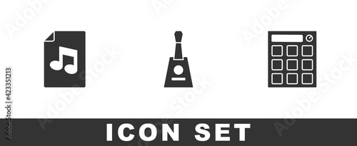 Set Music book with note, Balalaika and Drum machine icon. Vector
