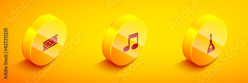 Set Isometric Drum, Music note, tone and Balalaika icon. Vector