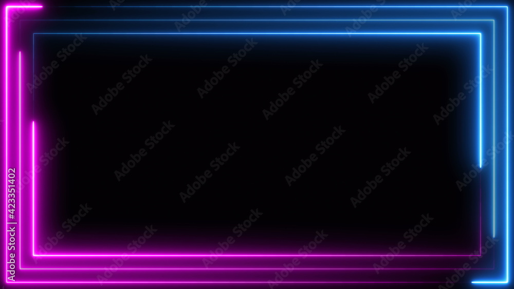 Blue purple pink neon frame light line running loop square black overlay, Place it over your footage in add or screen mode or use as background. Blue purple pink neon frame light line running loop square black overlay, Place it over your footage in add or screen mode or use as background.