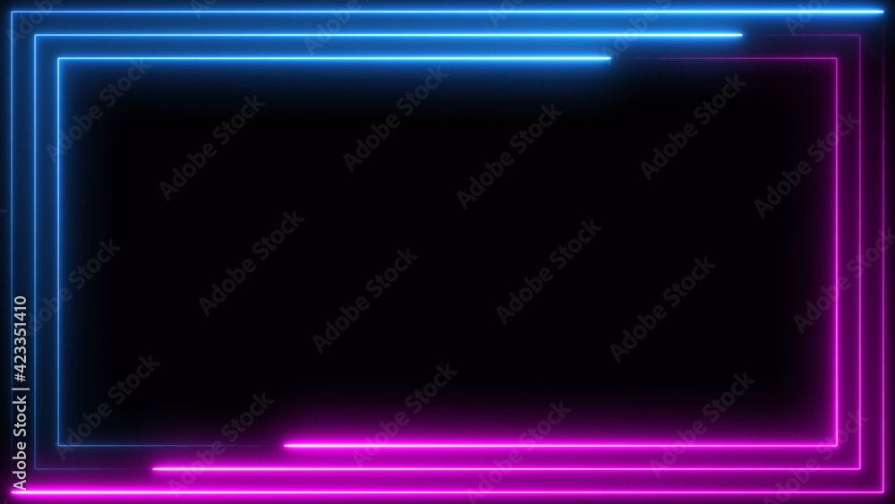 Blue purple pink neon frame light line running loop square black overlay, Place it over your footage in add or screen mode or use as background.
