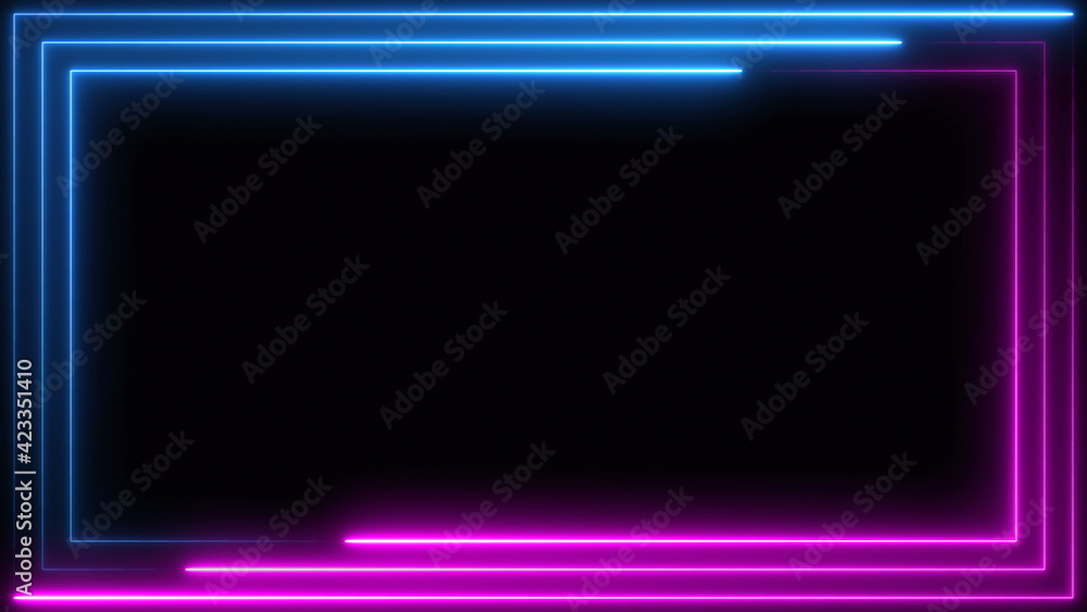 Blue purple pink neon frame light line running loop square black overlay, Place it over your footage in add or screen mode or use as background. Blue purple pink neon frame light line running loop square black overlay, Place it over your footage in add or screen mode or use as background.
