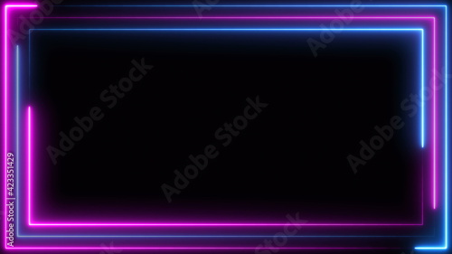 Blue purple pink neon frame light line running loop square black overlay, Place it over your footage in add or screen mode or use as background. © Hyperset