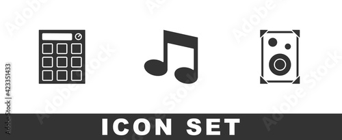 Set Drum machine, Music note, tone and Stereo speaker icon. Vector