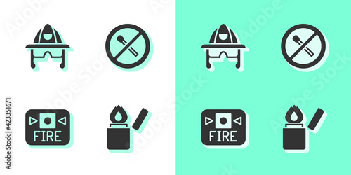 Set Lighter, Firefighter helmet, alarm system and No fire match icon. Vector