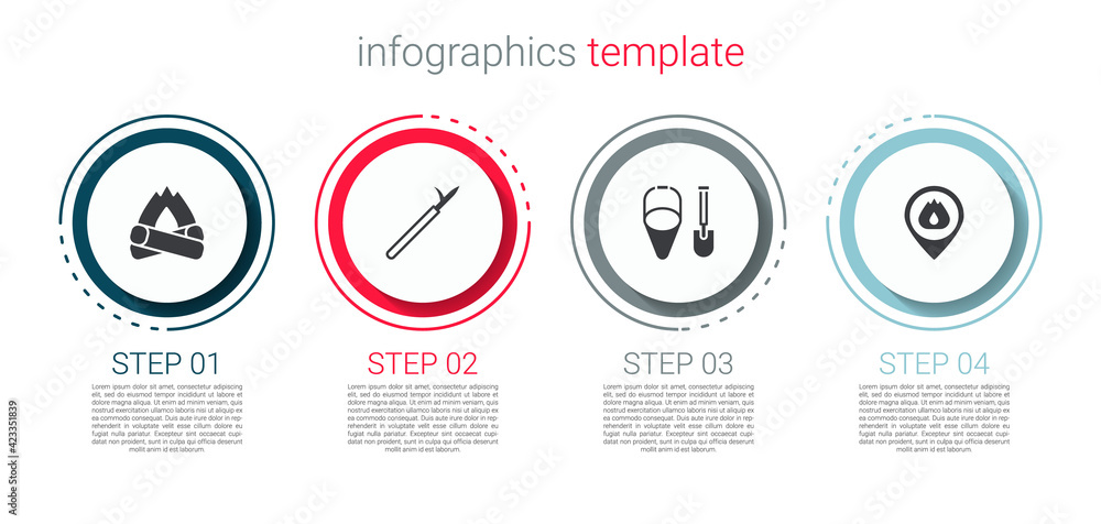 Set Campfire, Metal pike pole, Fire shovel and bucket and Location with flame. Business infographic template. Vector Set Campfire, Metal pike pole, Fire shovel and bucket and Location with flame. Business infographic template. Vector