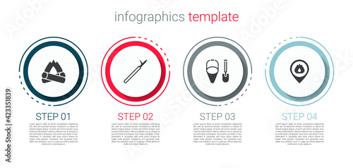 Set Campfire, Metal pike pole, Fire shovel and bucket and Location with flame. Business infographic template. Vector