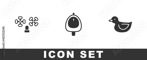 Set Water tap, Toilet urinal or pissoir and Rubber duck icon. Vector