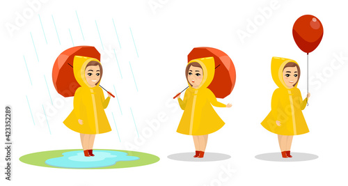 Little smiling child girl in yellow raincoat and rubber boots standing with umbrella in puddle. After rain cute female preschool character holding red balloon. Vector cartoon illustration