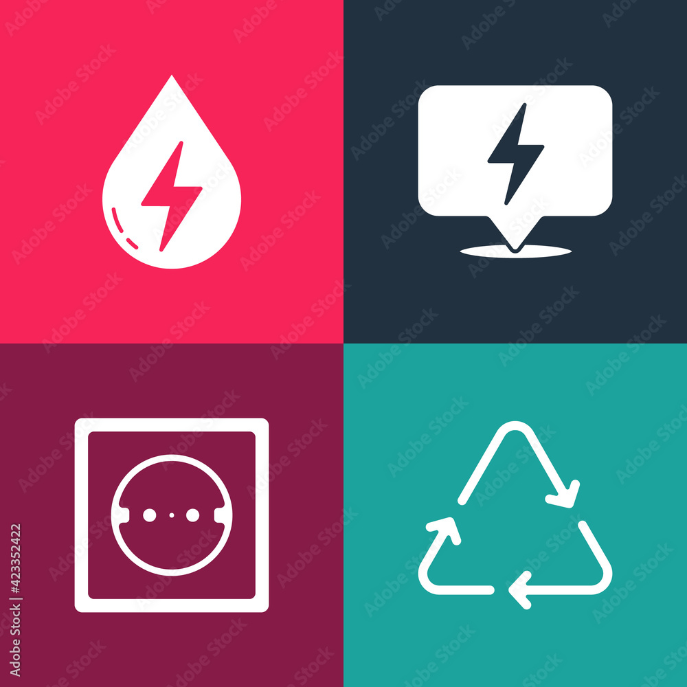 Set pop art Recycle symbol, Electrical outlet, Lightning bolt and Water energy icon. Vector