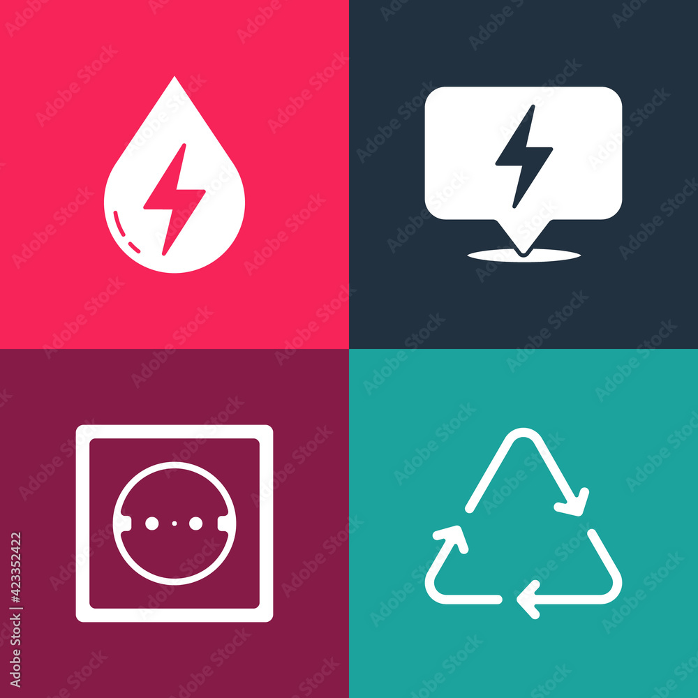 Set pop art Recycle symbol, Electrical outlet, Lightning bolt and Water energy icon. Vector Set pop art Recycle symbol, Electrical outlet, Lightning bolt and Water energy icon. Vector
