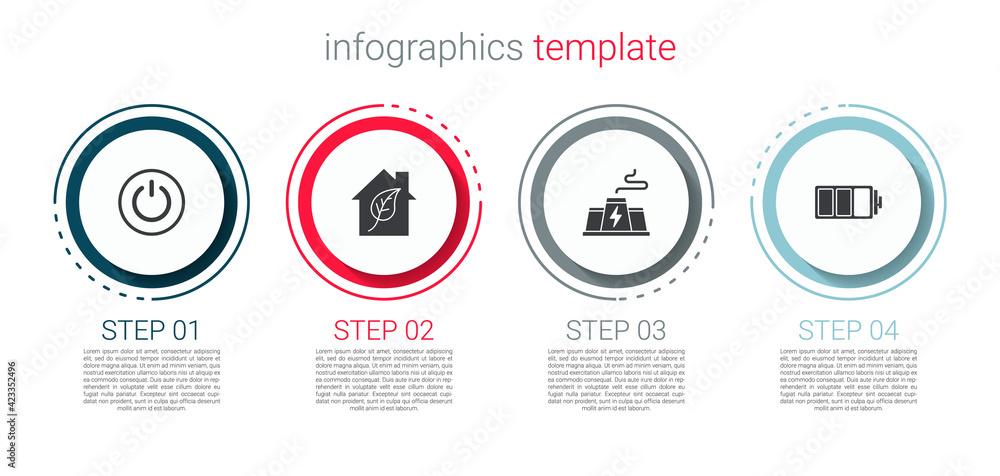 Set Power button, Eco friendly house, station plant factory and Battery. Business infographic template. Vector Set Power button, Eco friendly house, station plant factory and Battery. Business infographic template. Vector