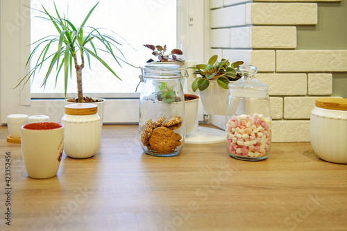 Window sill-countertop in the kitchen in the Scandinavian style with plants