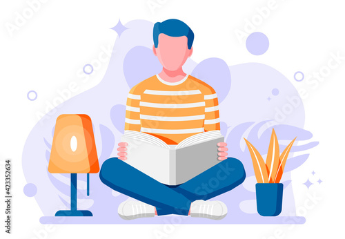 Young man sitting cross-legged and read book. Boy in lotus pose with book. Creative job or studying, education concept. Prepares to exams. Student with textbook. Cartoon flat vector illustration