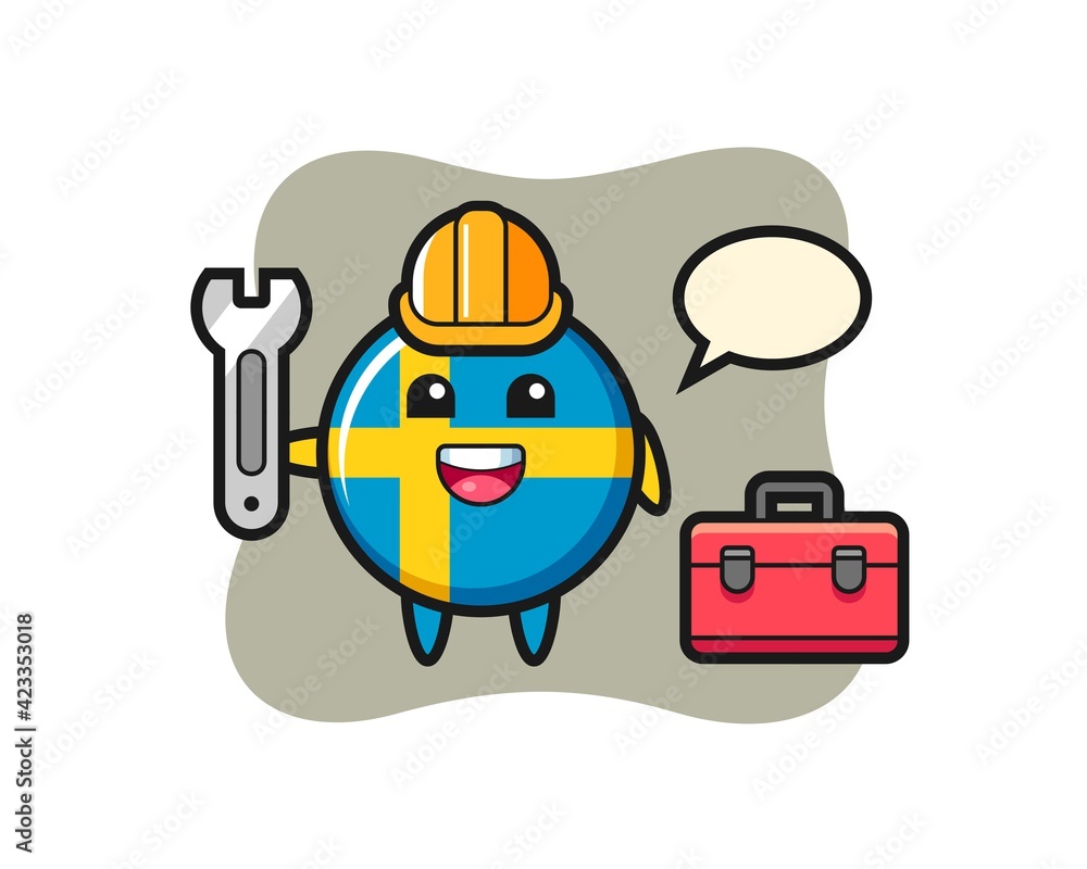 Mascot cartoon of sweden flag badge as a mechanic