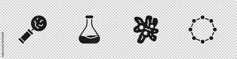 Set Microorganisms under magnifier, Test tube and flask, Cell and Chemical formula icon. Vector Set Microorganisms under magnifier, Test tube and flask, Cell and Chemical formula icon. Vector
