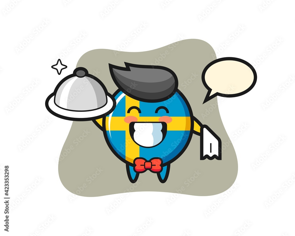 Character mascot of sweden flag badge as a waiters