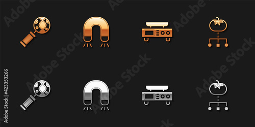 Set DNA research, search, Magnet, Electronic scales and Genetically modified food icon. Vector