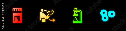 Set Jar with additives, Prosthesis hand, Test tube flask on fire and Cell division icon. Vector