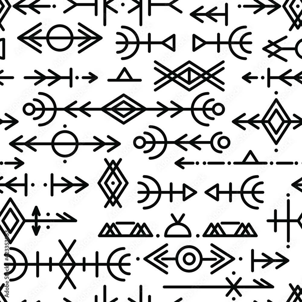 Ethnic Norwegian Icelandic seamless pattern. Runic talismans of the Vikings and northern peoples. Magic and magical runes. Pagan signs. Futhark repeatable background. Vector illusion. Ethnic Norwegian Icelandic seamless pattern. Runic talismans of the Vikings and northern peoples. Magic and magical runes. Pagan signs. Futhark repeatable background. Vector illusion.