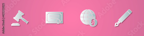 Set paper cut Judge gavel, Certificate template, International law and Fountain pen nib icon. Paper art style. Vector