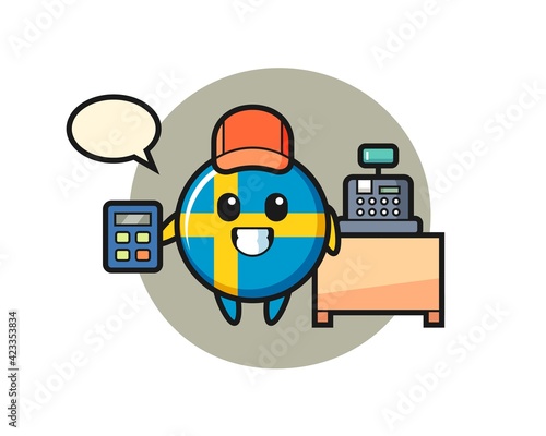 Illustration of sweden flag badge character as a cashier