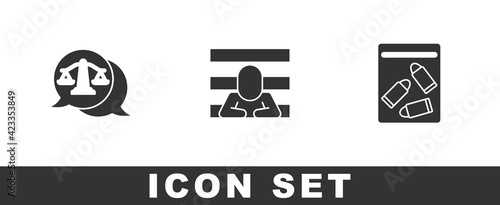 Set Scales of justice, Prisoner and Evidence bag and bullet icon. Vector