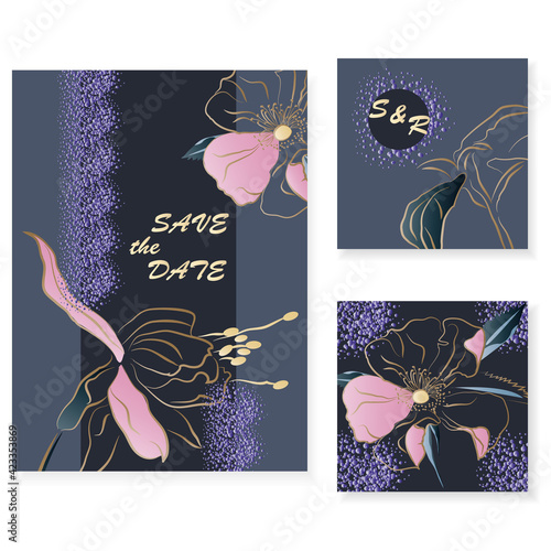 Luxurious dark background with contoured golden flowers and voluminous splashes. Set of creative templates for weddings, invitations, birthday, parties, cards.