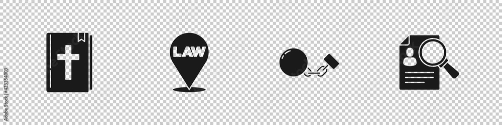 Set Holy bible book, Location law, Ball chain and Paper analysis magnifying icon. Vector Set Holy bible book, Location law, Ball chain and Paper analysis magnifying icon. Vector