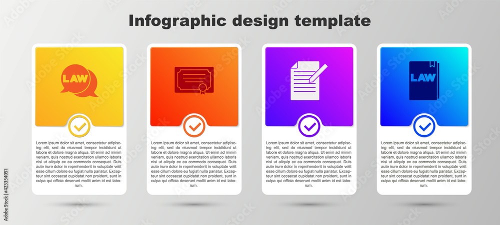 Set Law, Certificate template, Document and pen and book. Business infographic template. Vector