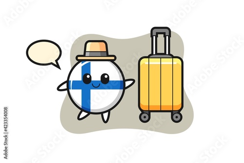 finland flag badge cartoon illustration with luggage on vacation