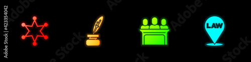 Set Hexagram sheriff, Feather and inkwell, Jurors and Location law icon. Vector