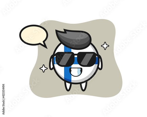 Cartoon mascot of finland flag badge with cool gesture