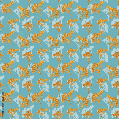Floral seamless pattern with gold and blue grass. Hand drawn style. Nature illustration on turquoise. Perfect for paper, textile, wrapping and decoration.