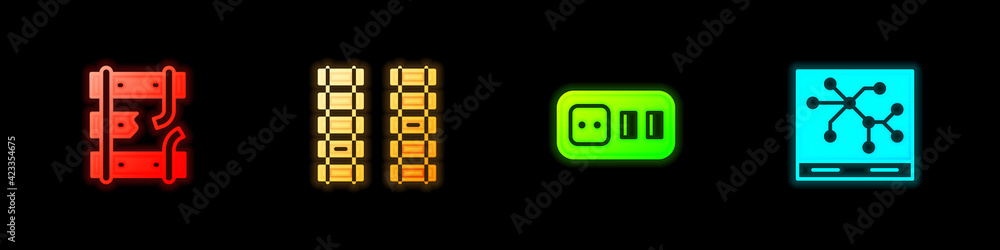 Set Broken rails on a railway, Railway, railroad track, Electrical outlet and map icon. Vector Set Broken rails on a railway, Railway, railroad track, Electrical outlet and map icon. Vector