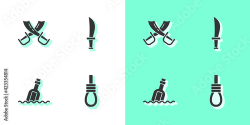 Set Gallows rope loop hanging, Crossed pirate swords, Bottle with message water and Pirate icon. Vector