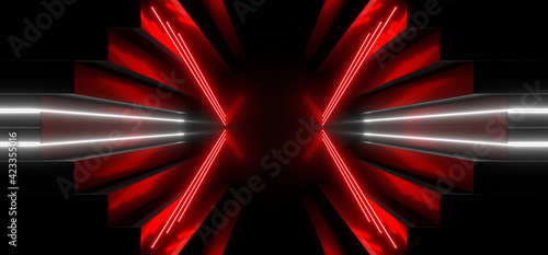 Fototapeta Naklejka Na Ścianę i Meble -  Sci Fy neon lamps in a dark tunnel. Reflections on the floor and walls. 3d rendering image.