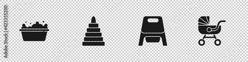 Set Baby bathtub, Pyramid toy, potty and stroller icon. Vector